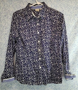 LL Bean Shirt Women's M Medium Anchor Print Navy Blue Top Long Sleeve Button Up - Picture 1 of 4
