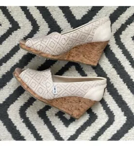 Tom's Wedge Sandal 9 Tan Cream Diamond - Picture 1 of 8