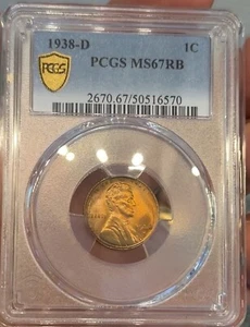 1938-D Blazing Gem BU Lincoln Cent ~ PCGS MS67RB ~ Top Pop ~ TrueView - Picture 1 of 8