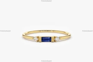 Minimalistisches Band Verlobungsring 14k Gold Saphir Diamant Edelstein Schmuck - Bild 1 von 5