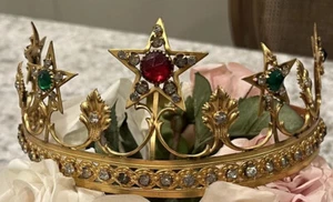 Antique Jeweled Crown Tiara Paste Rhinestones Decorative Brass French - Picture 1 of 22