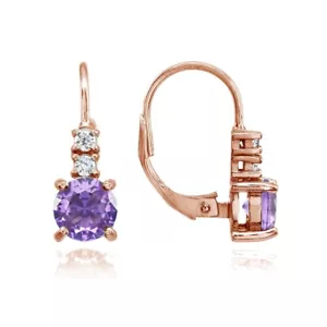 Rose Gold Tone over Silver Simulated Amethyst and CZ Accents Leverback Earrings - Picture 1 of 4