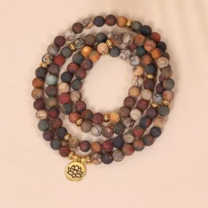 108 Mala Beads Natural Picture Jasper Stone Necklace Lotus Gold Charm Handmade - Picture 1 of 6
