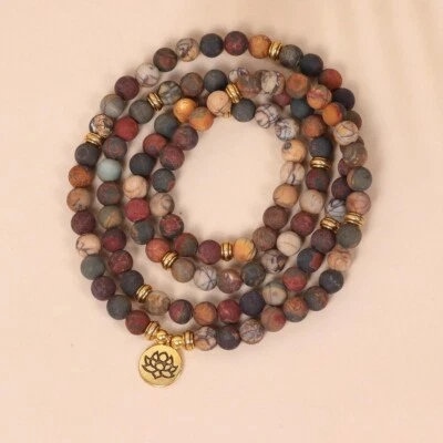 108 Mala Beads Natural Picture Jasper Stone Necklace Lotus Gold Charm Handmade - Image 1 of 4