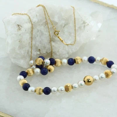14K Yellow Gold Pearl and Lapis Bead Necklace, Circa 1960* - Image 1 of 4