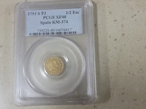 Spain 1751-S PJ Gold 1/2 Escudo, Seville Mint. PCGS XF40, KM-374. - Picture 1 of 7