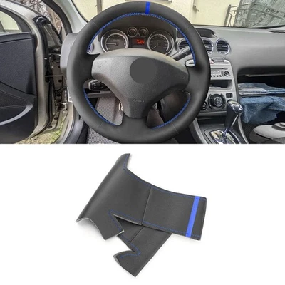 DIY Black + Blue Leather Steering Wheel Cover For Peugeot 308 Old Peugeot 408 - Image 1 of 4