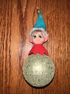 Vintage 1950's Christmas Plastic Pixie Elf Head on Glittery Gold Ball Ornament - Picture 1 of 4