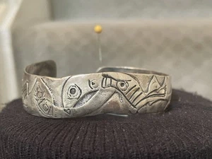 Vintage Northwest Coast Silver Cuff Bracelet Hand Signed Bird? - Picture 1 of 6