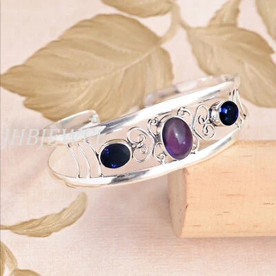 Tanzanite & Amethyst Gemstone 925 Sterling Silver Bangle Cuff For Popular Gift - Image 1 of 4