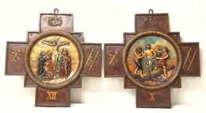 Vintage 2 Plate Ancient Folk Art 3D The Crucifixion of Jesus Christ Molded Wall - Picture 1 of 10
