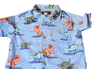 M1 The Children's Place 5T Blue Green Peach DINOSAUR Hawaiian Short Sleeve Shirt - Picture 1 of 3