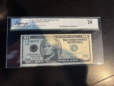DBR 2003 $10 FRN Kansas City STAR Fr. 2037-J* Legacy VF-20 Serial DJ01092164* - Image 1 of 2
