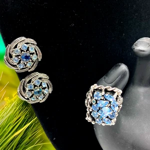 Barclay Cocktail Ring Modeschmuck Markenlos Ohrclips Blau Strass - Bild 1 von 20