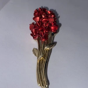 Broche vintage signée DM 97 ton or longue tige roses rouge - Photo 1/10