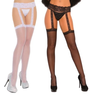 Sheer Thigh Highs Lace Top Attached Garter Belt Nylons Hosiery Black White 1714 - Image 1 of 2