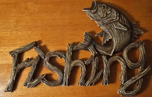 Fishing Bass Sign Rustic Faux Wood Carved Fisherman Cabin Lodge Lake Decor Large - Picture 1 of 5