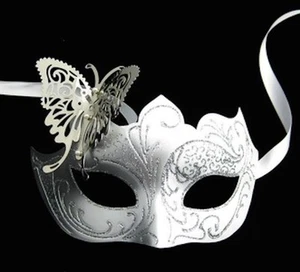 Silver & White Venetian Metal Butterfly Filigree Masquerade Mask Masked Ball - Picture 1 of 3