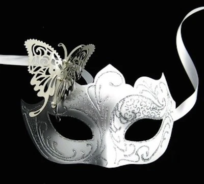 Silver & White Venetian Metal Butterfly Filigree Masquerade Mask Masked Ball - Image 1 of 3