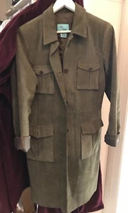 Rare Vintage Olive Green Suede Trench Coat Sz L. - Picture 1 of 10