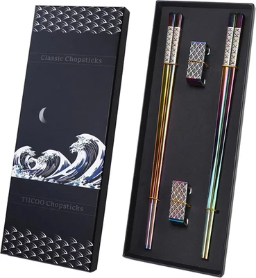 Metal Chopsticks Reusable 2 Pairs Titanium Plated Stainless Steel18/8 Chopsticks - Image 1 of 4