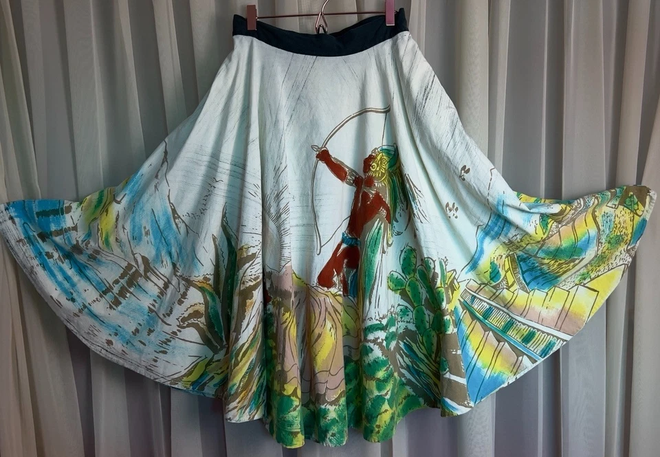 Falda circular de recuerdo pintada a mano de algodón lavable de colección rara años 50 hecha en México Foto 1 de 4