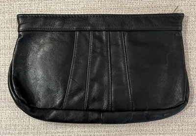 Vintage 80’s Black Leather Clutch Purse Pleated Front Excellent - Image 1 of 4