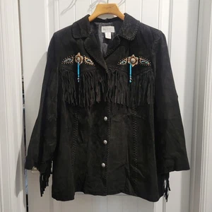 Via Accenti Black Suede Leather Beaded Fringe Southwestern Jacket size 20W Boho - Picture 1 of 15