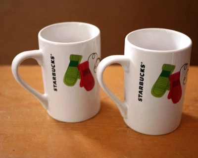 Par de 2 canecas de café Starbucks 2011 férias brancas luvas verdes vermelhas pássaro 10 oz - Imagem 1 de 4