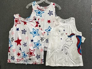 Girls 3 Pack Tank White Red Blue Glitter Unicorn + 4th July Patriotic Top XXL 18 - Picture 1 of 13