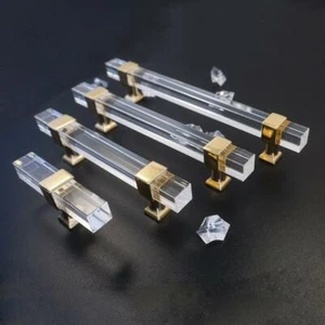 Clear Acrylic&Gold Cupboard Handles Kitchen Cabinet T Bar Knobs Drawer Pulls - Picture 1 of 8