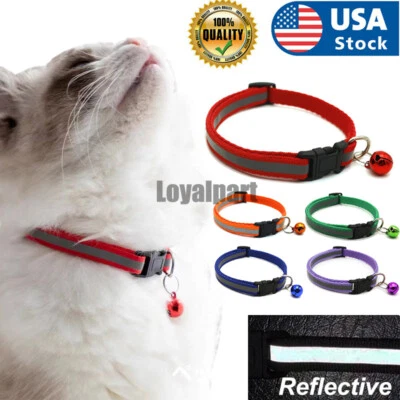 2PCS Reflective Breakaway Nylon Cat Safety Collar with Bell for Cat Kitten US - Image 1 of 4