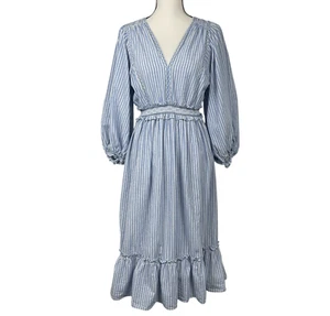 Abito midi donna Max Studio piccolo blu palloncino manica lunga righe a strati boho - Foto 1 di 11