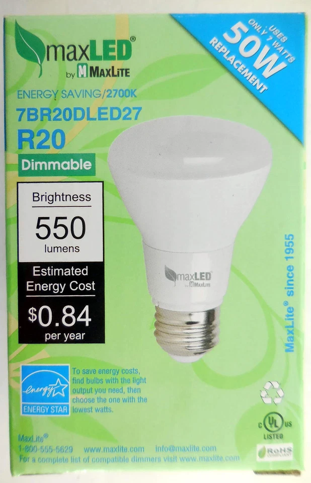 MaxLite 50 Watt (7W) LED Dimmable Light Bulb R20 7BR20DLED27 #7eh - Image 1 of 4