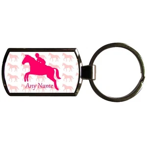 PERSONALISED HORSE JUMP PRINT OBLONG SHAPED METAL KEYRING WITH PRINTABLE INSERT - Picture 1 of 3