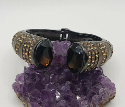 VINTAGE FASHION RHINESTONES AND SMOKY QUARTZ HEAVY CUFF BRACELET - Image 1 of 4