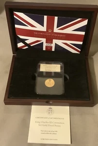 Centavo a prueba de oro de 9 quilates coronación rey Carlos III edición limitada primera huelga certificado de autenticidad  - Imagen 1 de 13