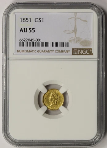 1851 Liberty Head Gold Dollar $1 AU 55 NGC Cover
