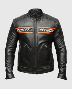 Harley Davidson Herren Schwarz Motorrad Racing Jacke Echt Rindsleder Lederjacke - Bild 1 von 3