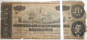 1864 $20 Confederate Note, Ripped, Estate Sale, SHIPS FREE - Picture 1 of 2