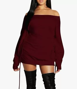 Sexy casual off shoulder side lace up tie mini dress wine red large - Picture 1 of 3