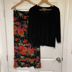 Mirasol Stretch Floral Skirt Top Set 2 Piece Outfit Black Red L Comfort Easy - Picture 1 of 9
