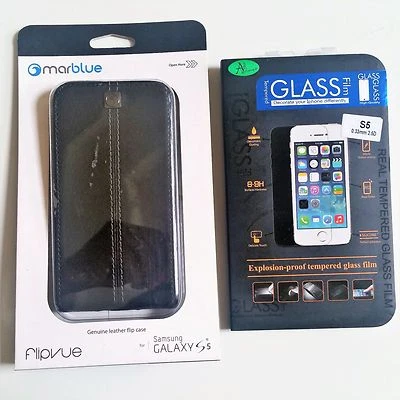 Funda tipo billetera de cuero genuino azul marino negra abatible Samsung Galaxy S5 con pantalla ¡NUEVA! Foto 1 de 4