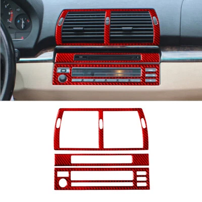 Cubierta de consola central interior de fibra de carbono roja 3 piezas para BMW X5 E53 2000-06 Foto 1 de 4
