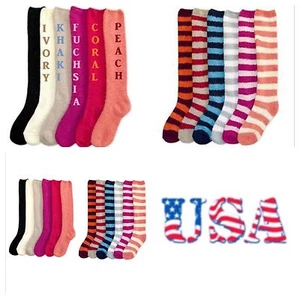 New 1 Pair Women 9-11 Plush Soft Fuzzy Knee High Socks Winter Warm Solid Stripes - Picture 1 of 14