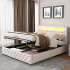 140/160/180x200cm Łóżko tapicerowane Podwójne łóżko ze stelażem listwowym, zagłówek LED ołówkiem świetlnym