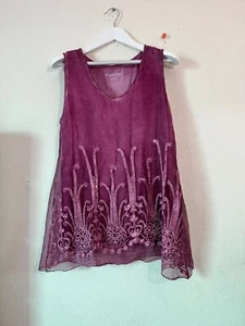 Soft Surroundings Petite Medium Embroidered Sheer Silk Tunic Top In Plum Purple - Picture 1 of 9