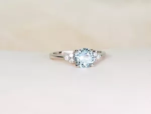 Aquamarine Engagement ring, Moissanite ring, 925 Solid Silver ring, Women gifts - Picture 1 of 3