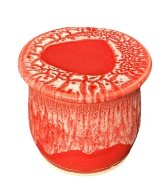French Butter Crock Beautiful Glazed Art Pottery Red White Butter Dish w/Lid - Image 1 of 4