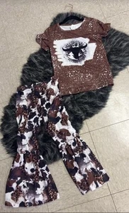 Western Cowgirl Girls 6/7 Short Sleeve Top Bell Pants Set Cows 2PCS Outfit New - Picture 1 of 4